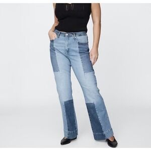 Gap Jeans Highrise 70's Flare Patchwork Sz 34/18R Stretch Two Tone Denim Boho